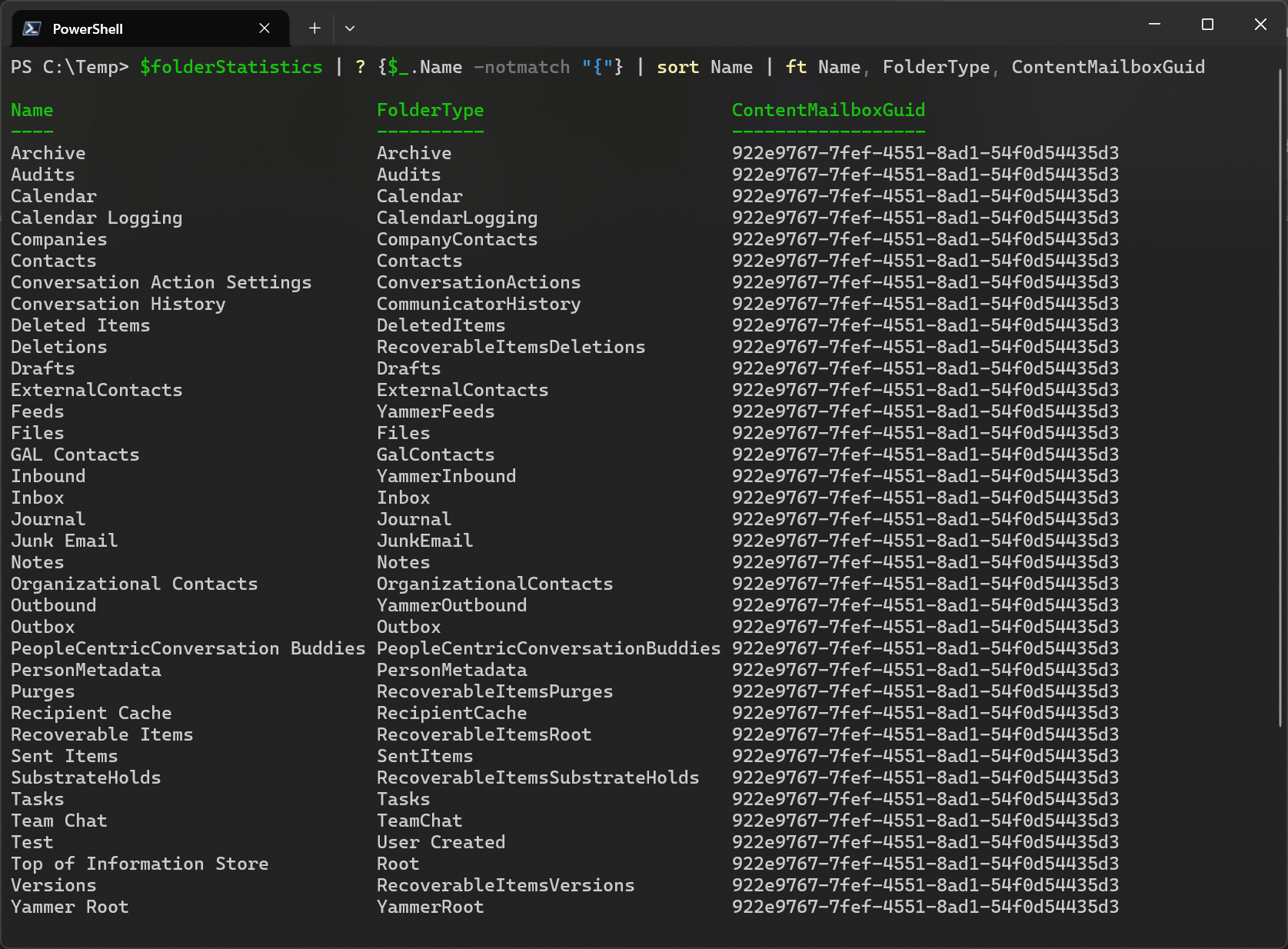 Output of $folderStatistics