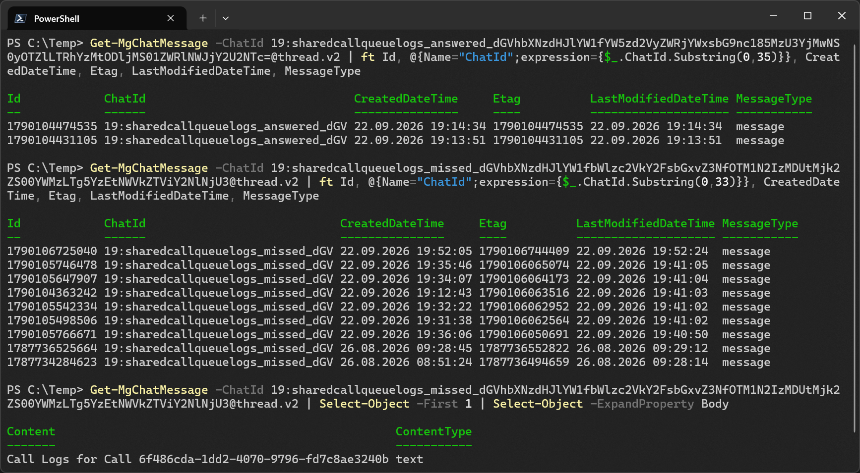 Output of Get-ChatMessage against shared call history chats