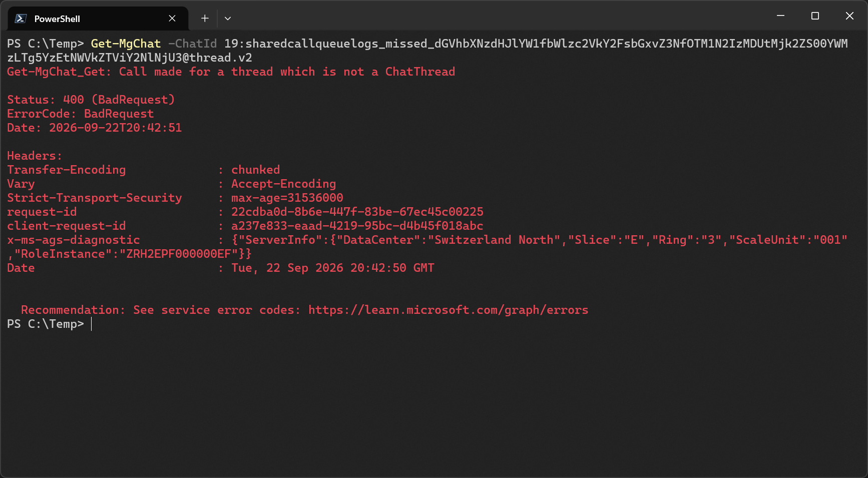 Error message for Get-MgChat