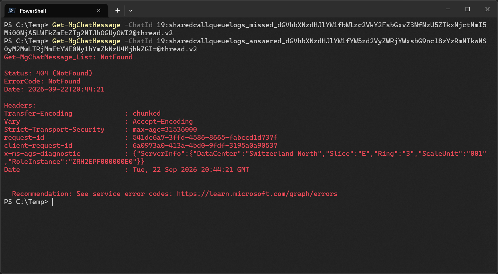 Example output of empty and non-existent chats