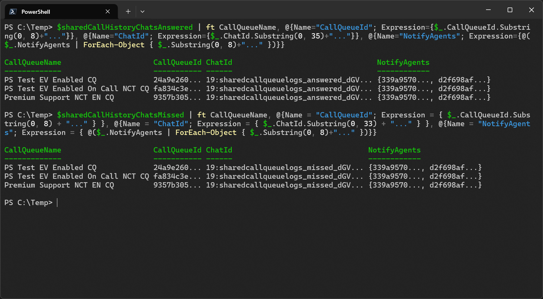 Output of the script (Ids are truncated)