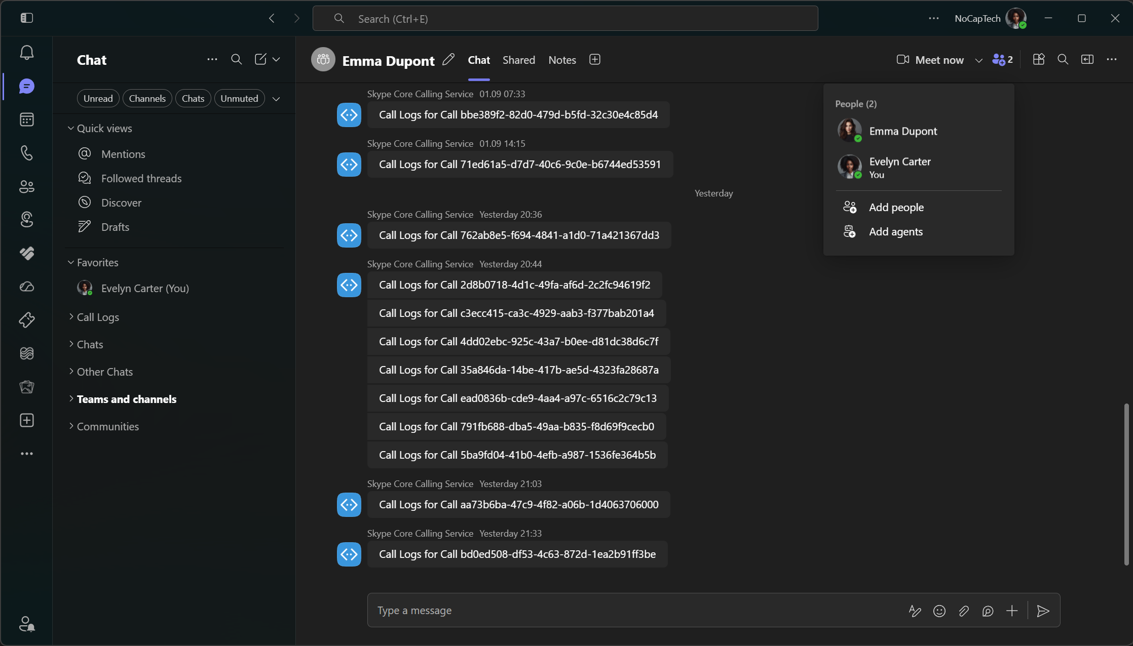 Missed call log chat in Teams