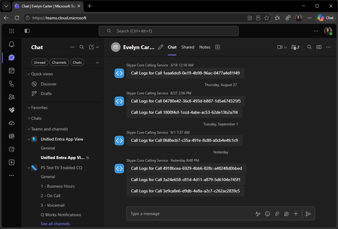 Answered call log chat viewed as non-Teams Premium call queue agent