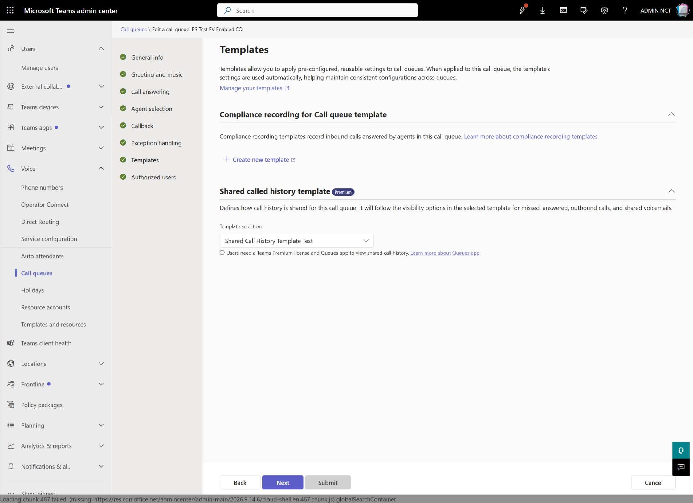 Shared call history template configuration on a call queue