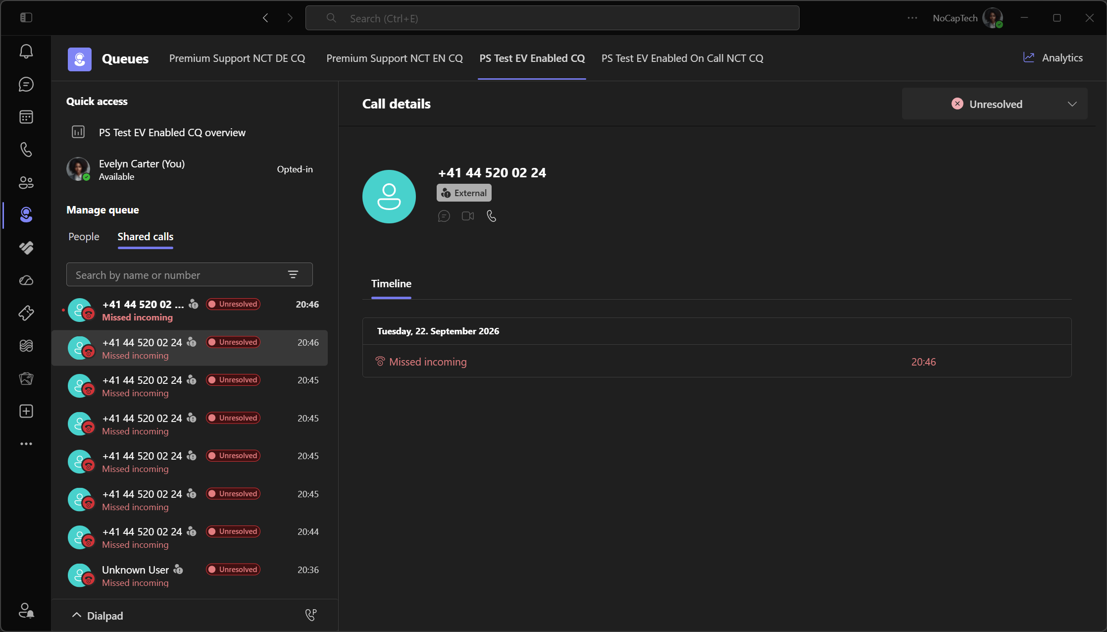 Missed call in Queues app