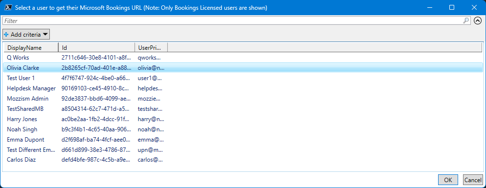 Out-GridView selection of Bookings licensed users.