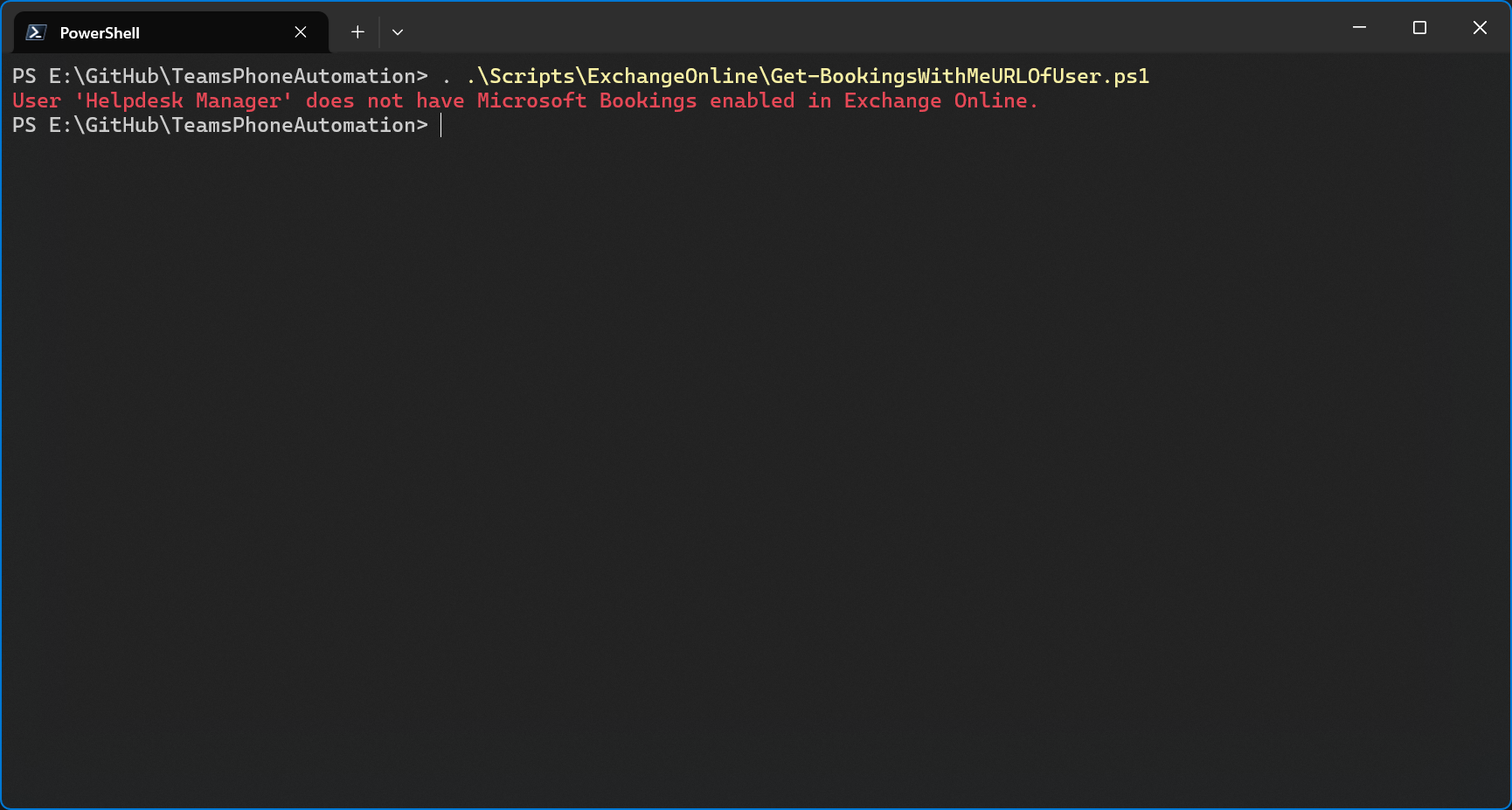 Output in case a user does not have Bookings enabled in EWS capabilities.