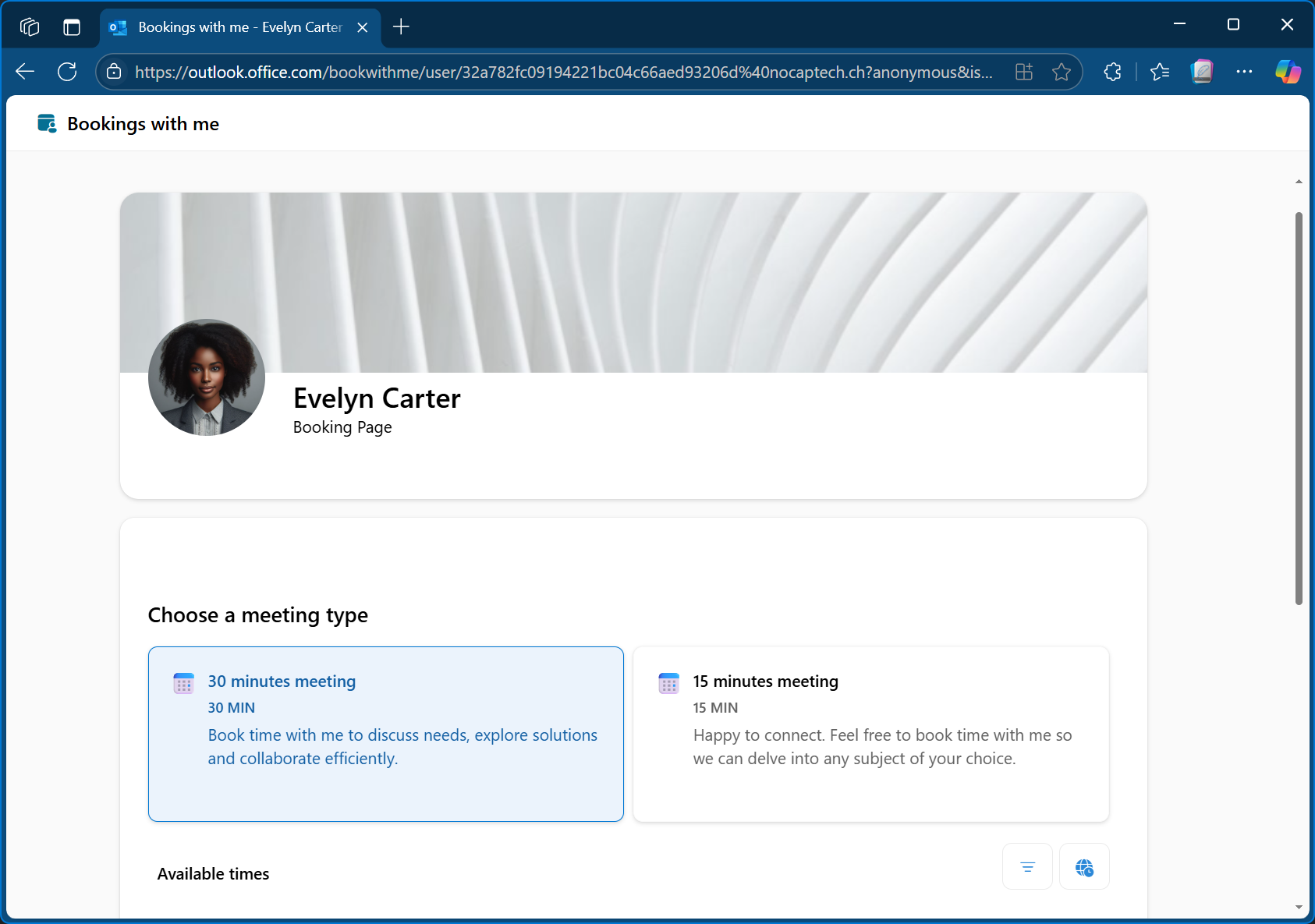 User’s Personal Booking page opened in browser from the URL in PowerShell output.