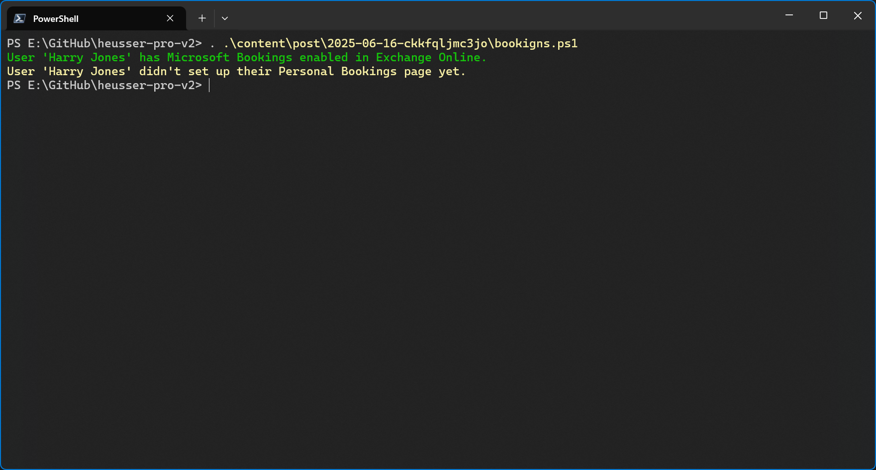 Output of the script for a user which didn’t already set up their Personal Bookings page.