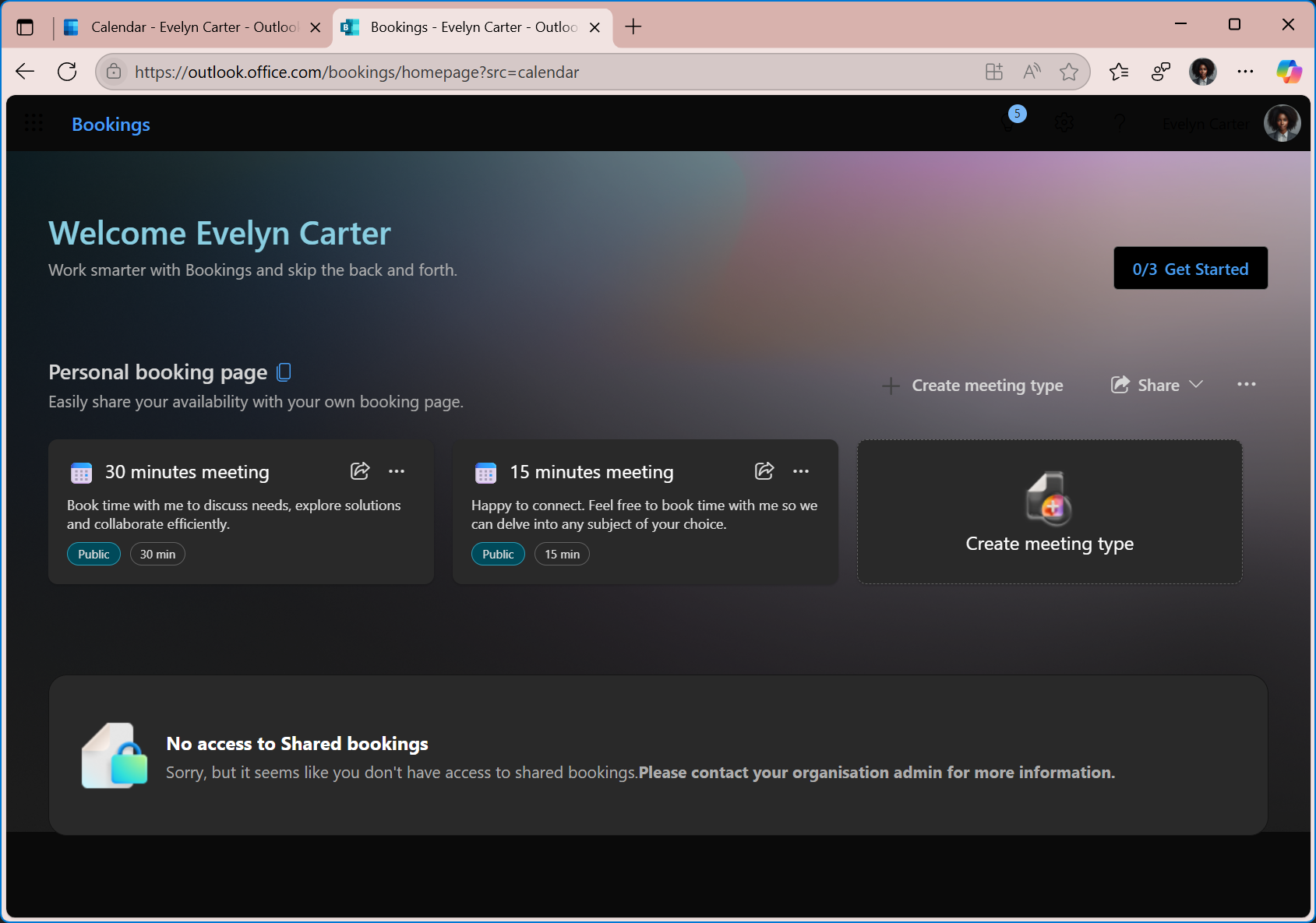 Personal Booking page with default meeting types.