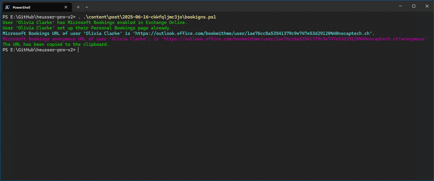 Output of the script for a user which has already configured their Personal Bookings page.