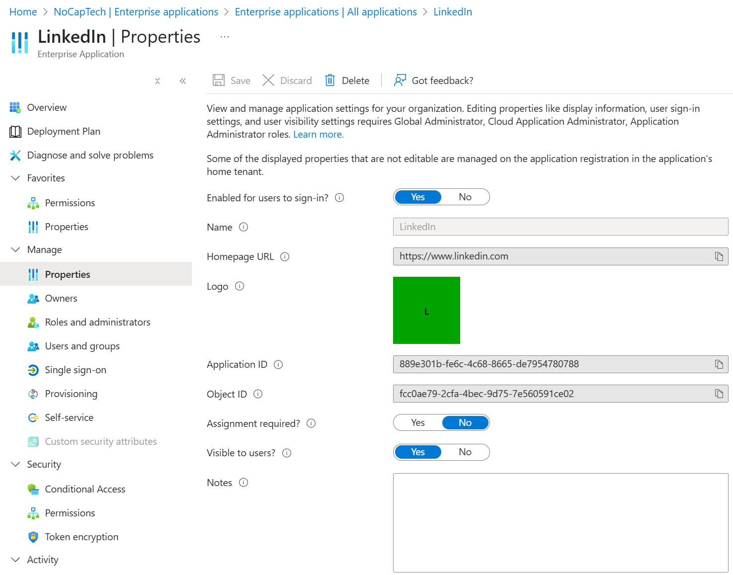Service Principal of the LinkedIn application in my tenant