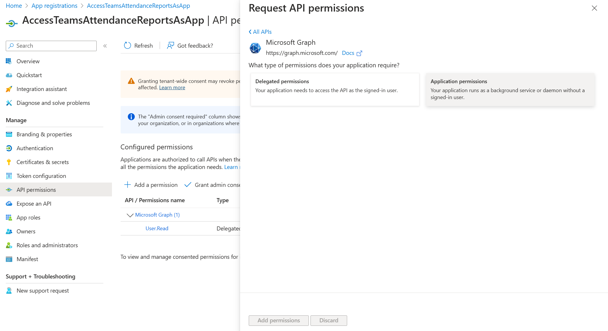 Select Application permissions