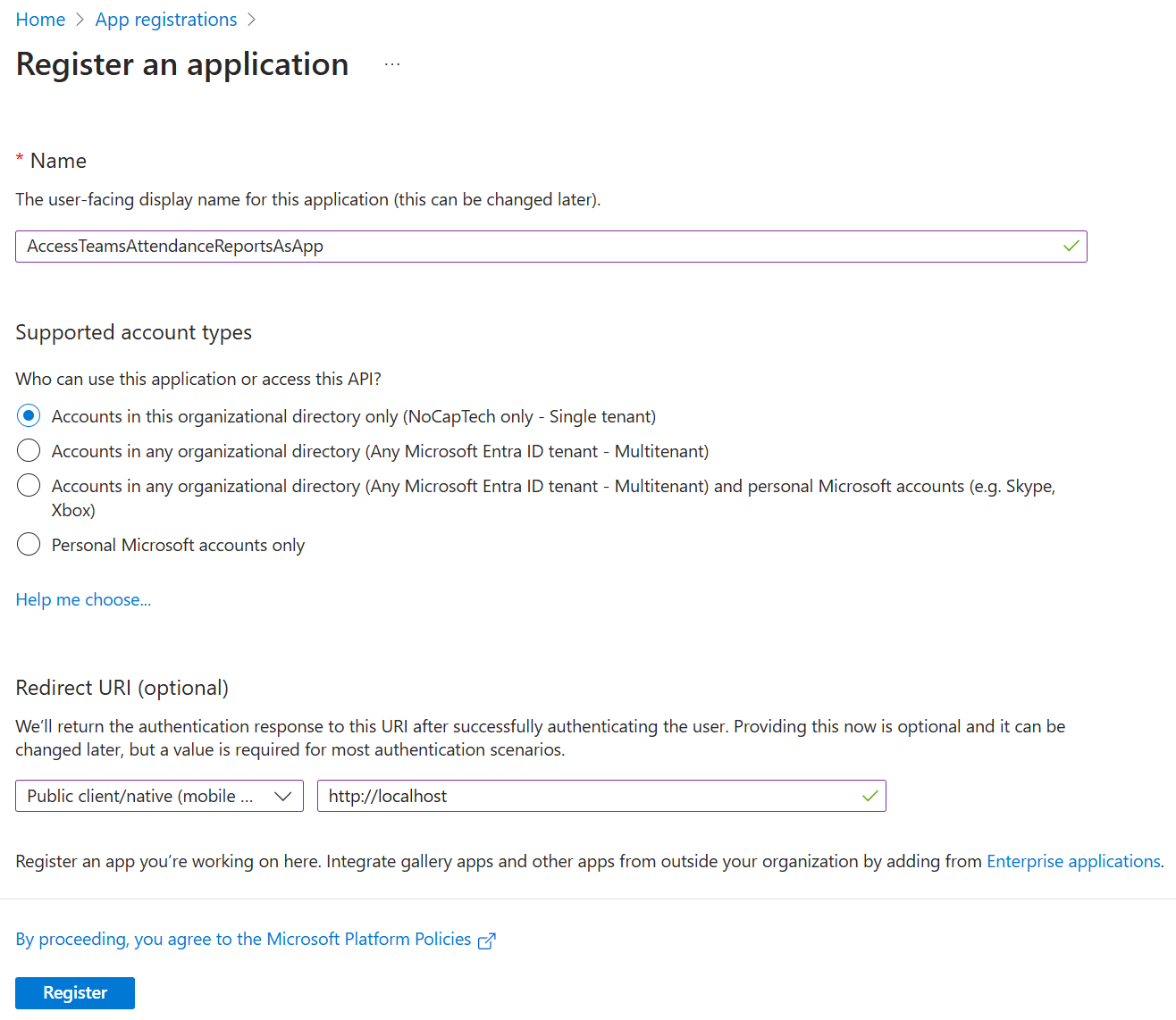 App registration properties