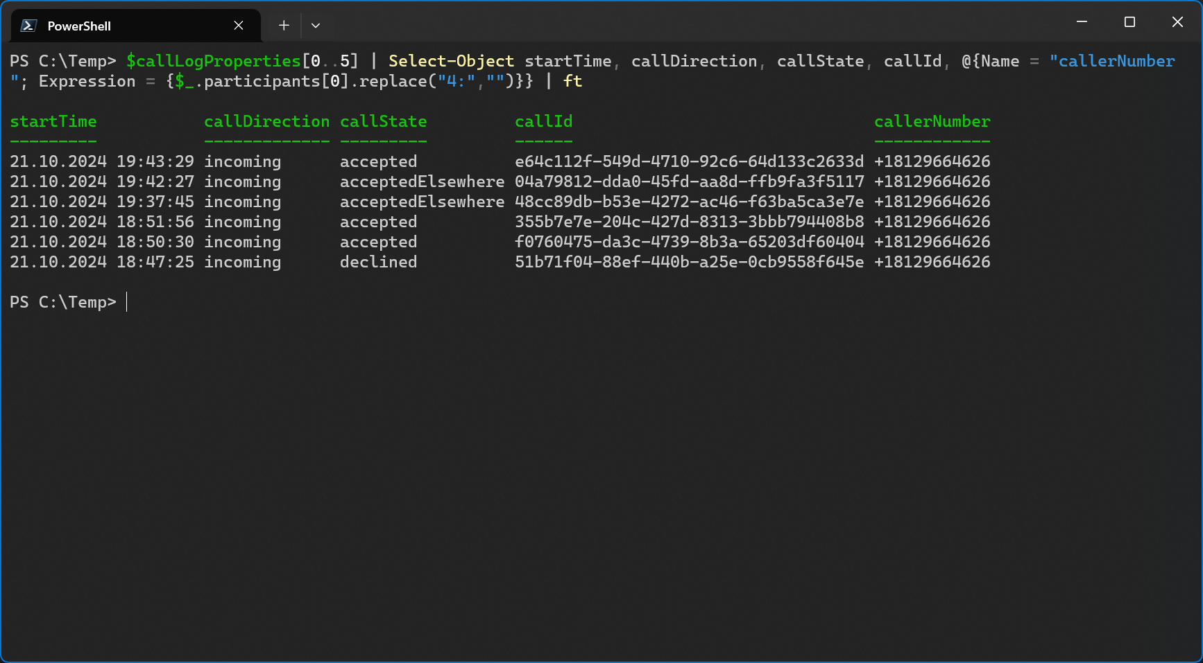 Filtered PowerShell Output of Call Queue Call History for a Specific User