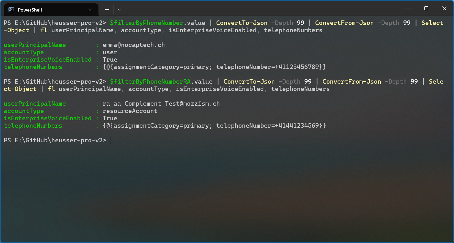 Example: Selected properties of userConfigurations from a user and a resource account