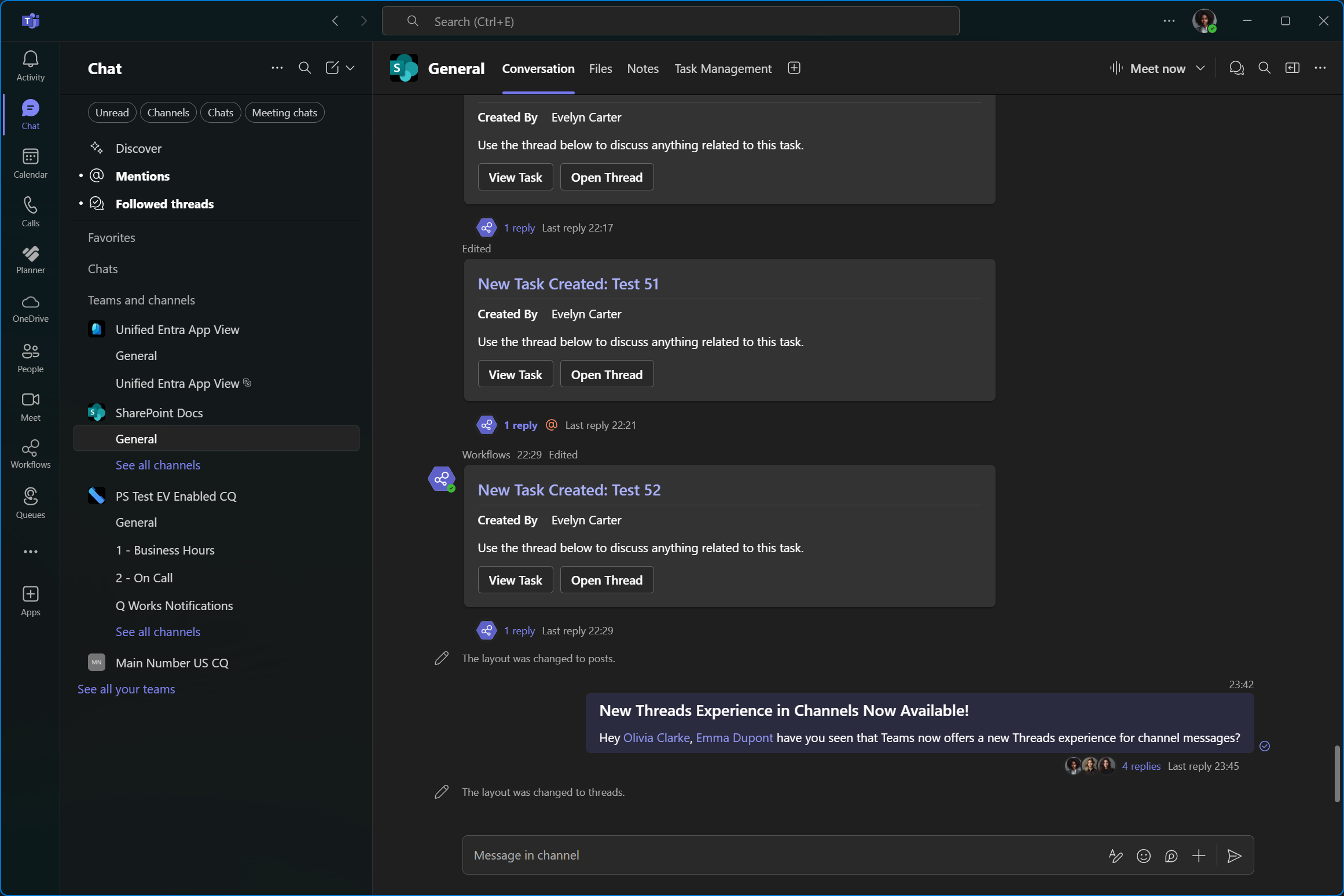 Threads experience in channels: None of the replies are visible in the main view