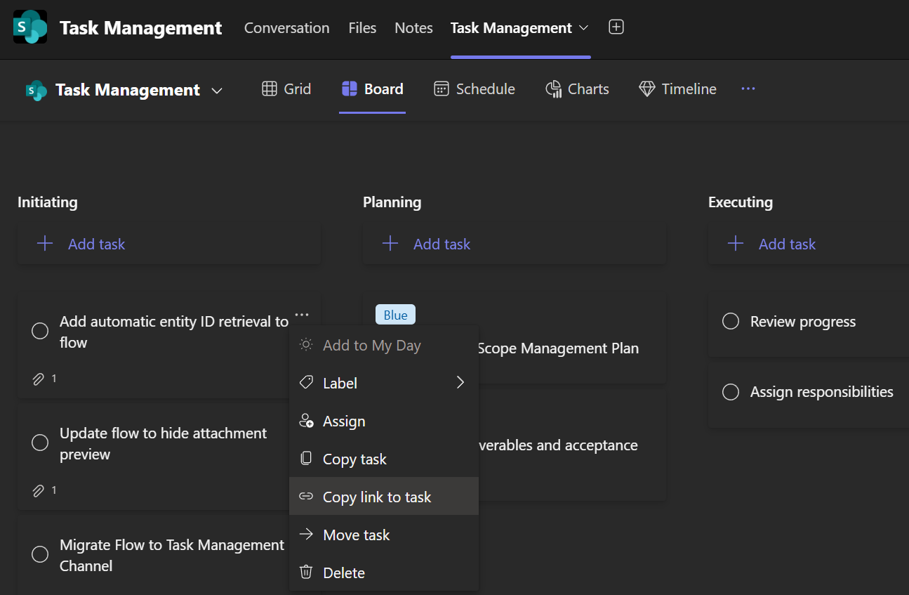 Copy link to task from Planner tab in Teams