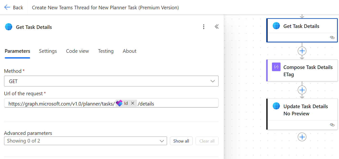 Get the task details including the ETag