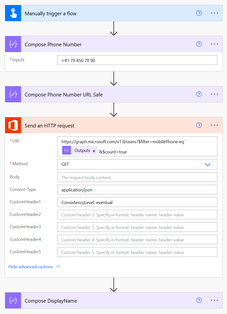 Power Automate Flow to filter for users by phone number