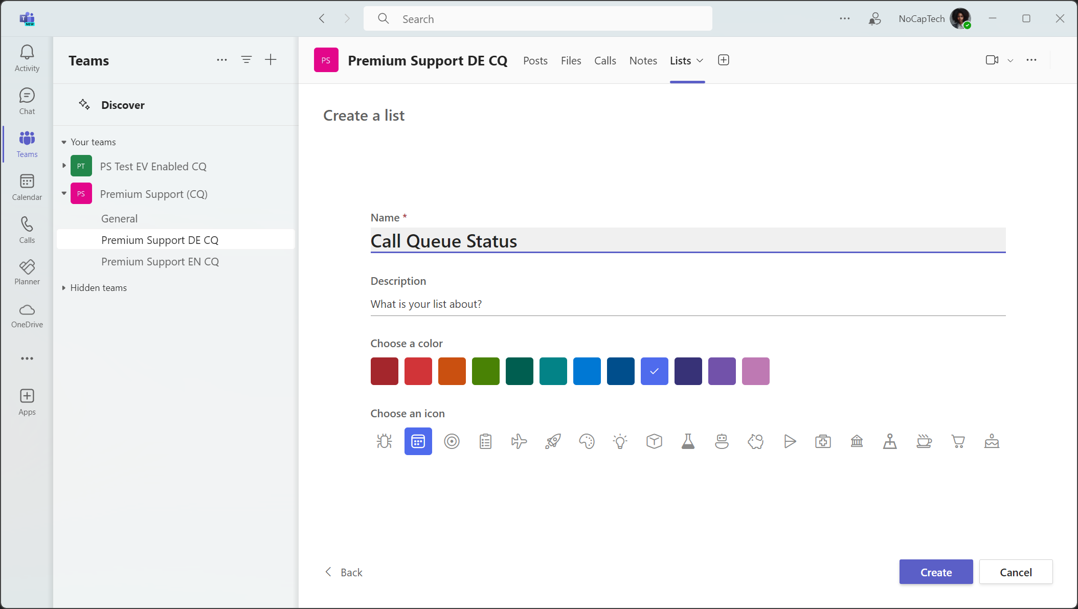 Give your list a name and select a color and an icon. Then click create.