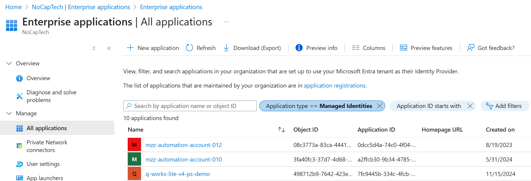 Enterprise applications Menu with Managed identities filter