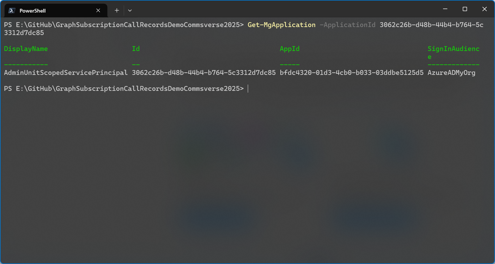 Using the Object ID as param value for ApplicationId works