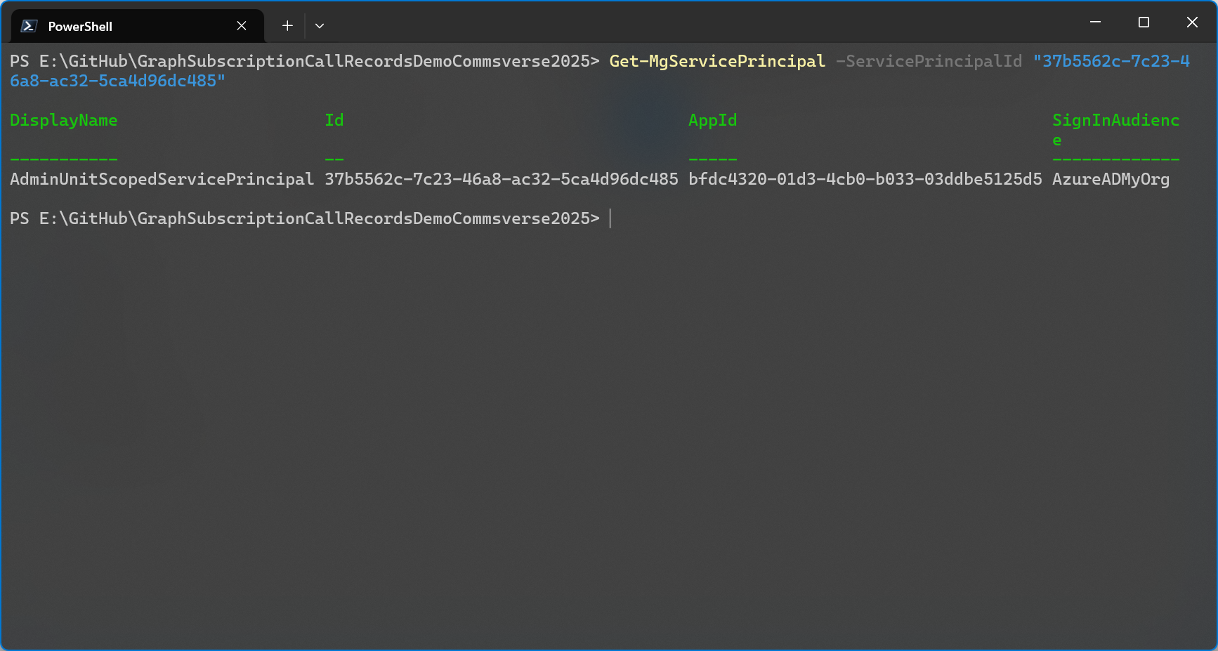 Get-MgServicePrincipal using the Object ID
