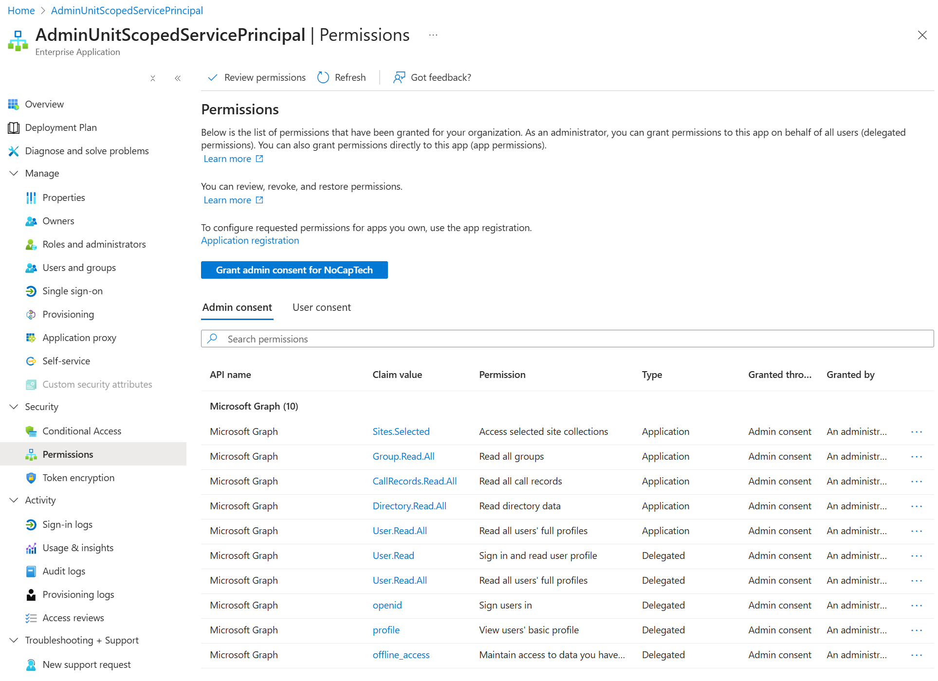 Permission on service principal in Entra ID: No add a permission button