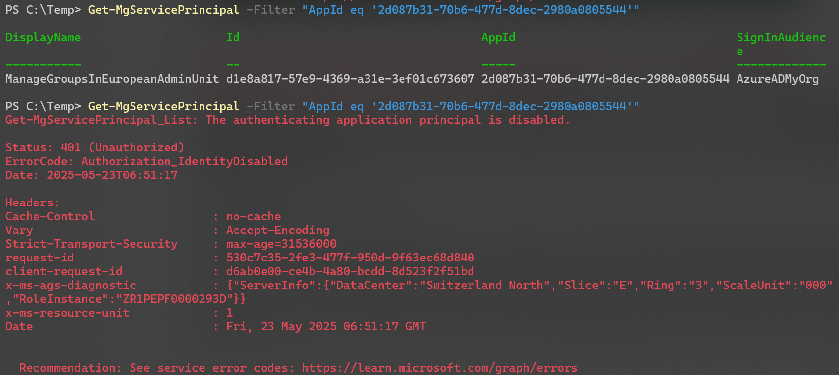 Error message for disabled Service Principal