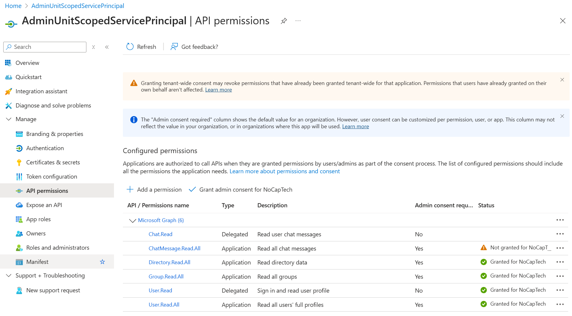 Permissions on app registration in Entra ID: Add a permission button available