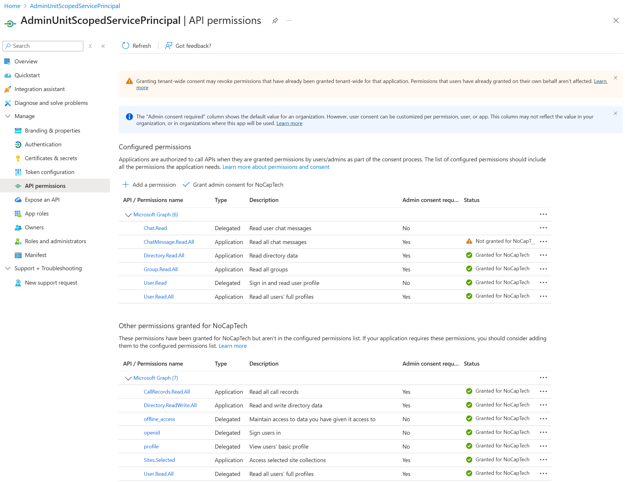 Permissions on the app registration