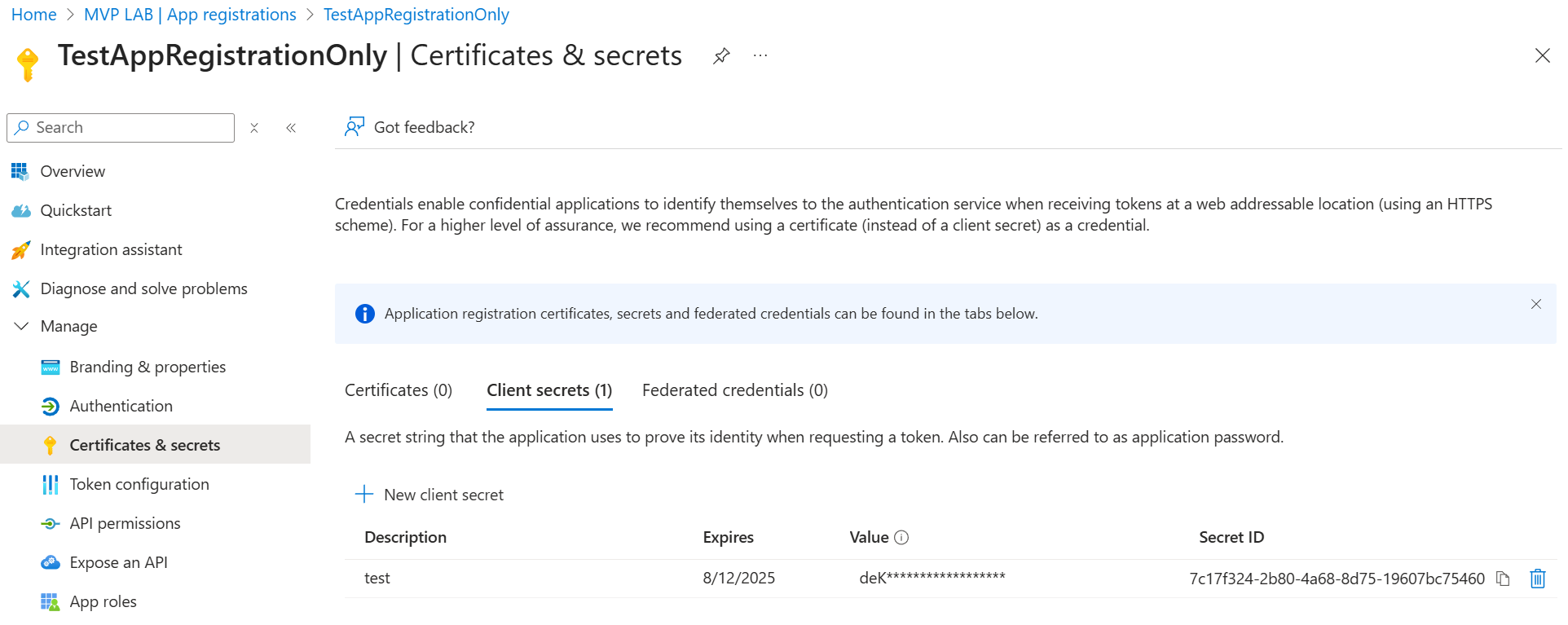 Client secret on app registration