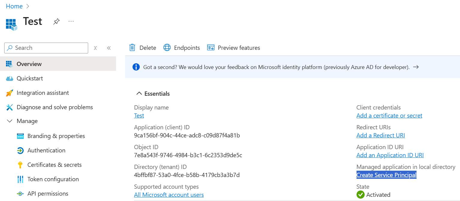 App registration without a service principal