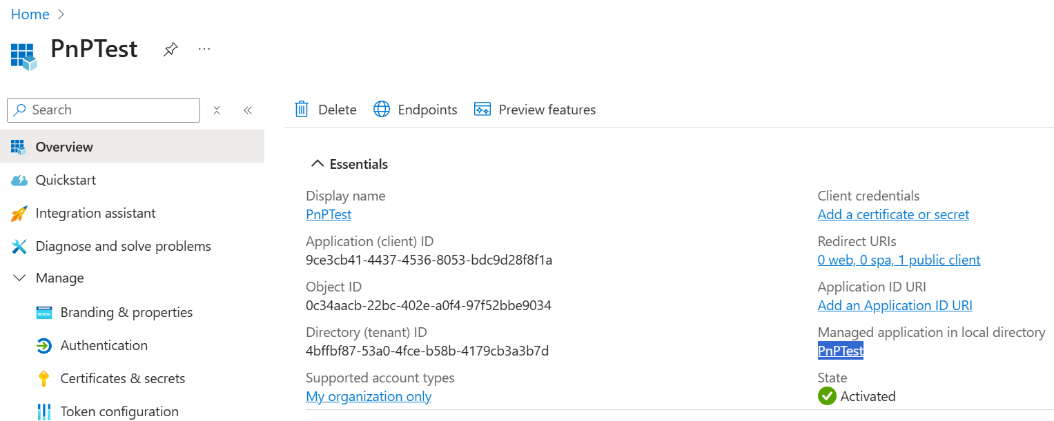 App registration with service principal