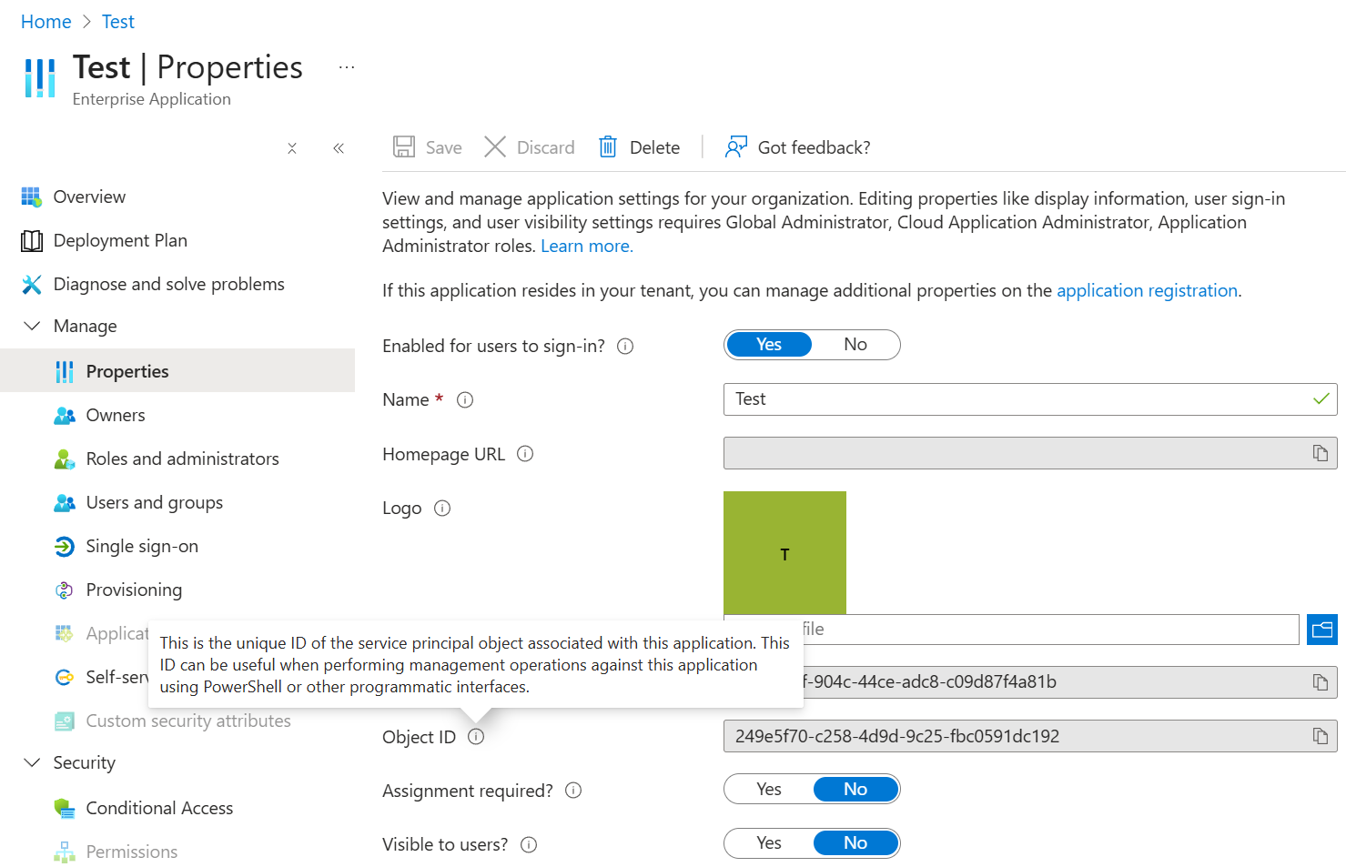 Tool tip for Service Principal Object ID