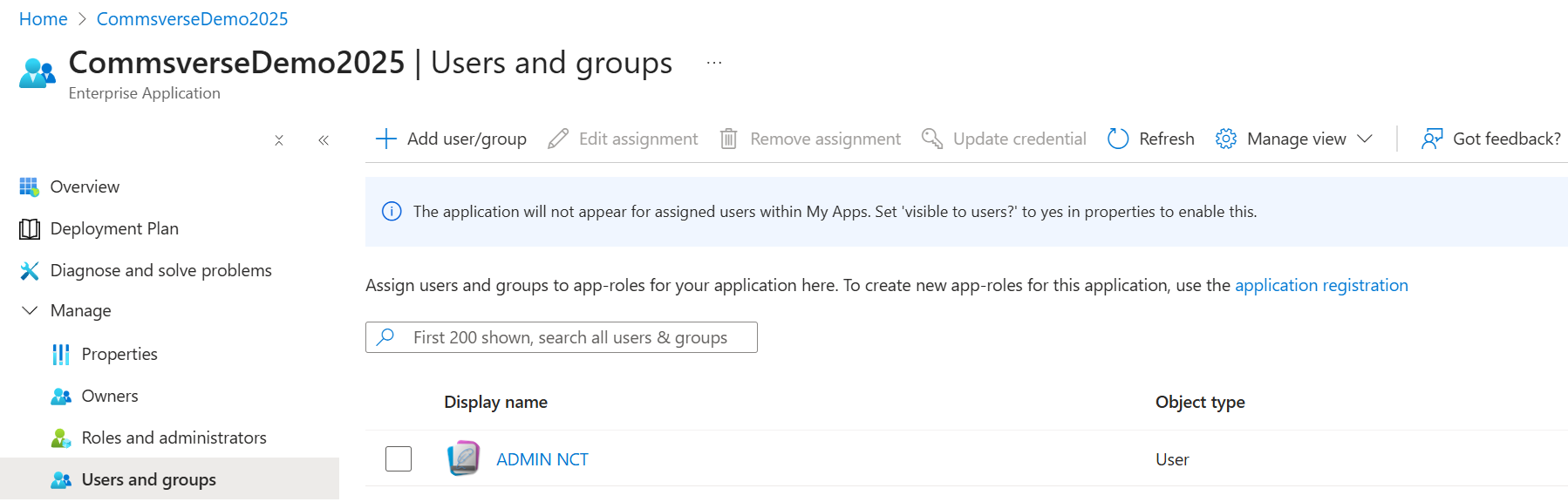 Users and groups of the service principal shown in Enterprise applications menu