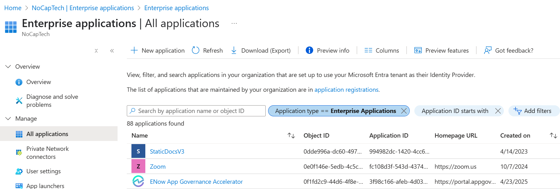 Enterprise applications Menu default filter