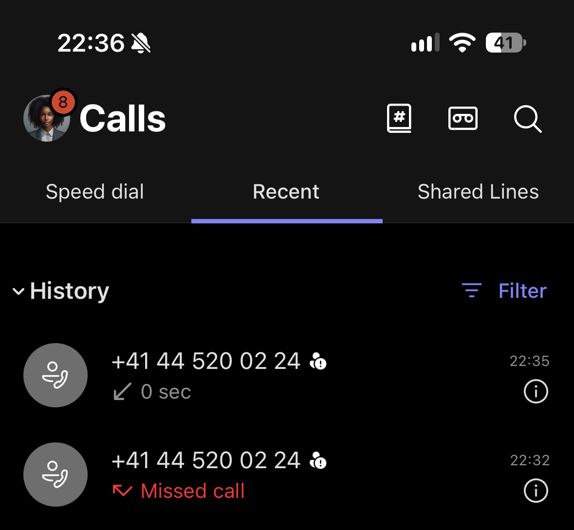 iOS Teams app call history