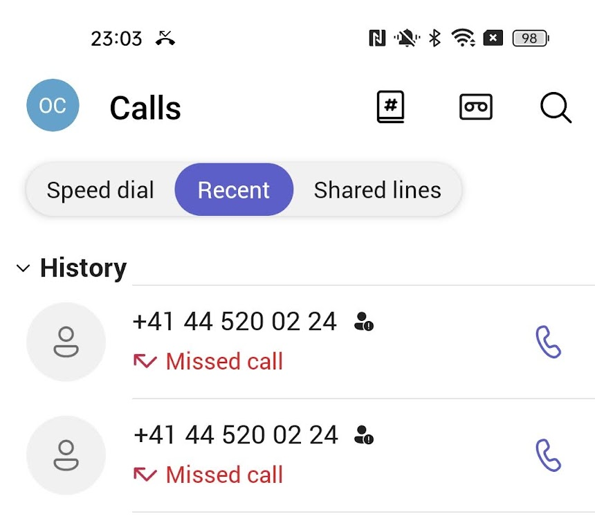 Android Teams app call history
