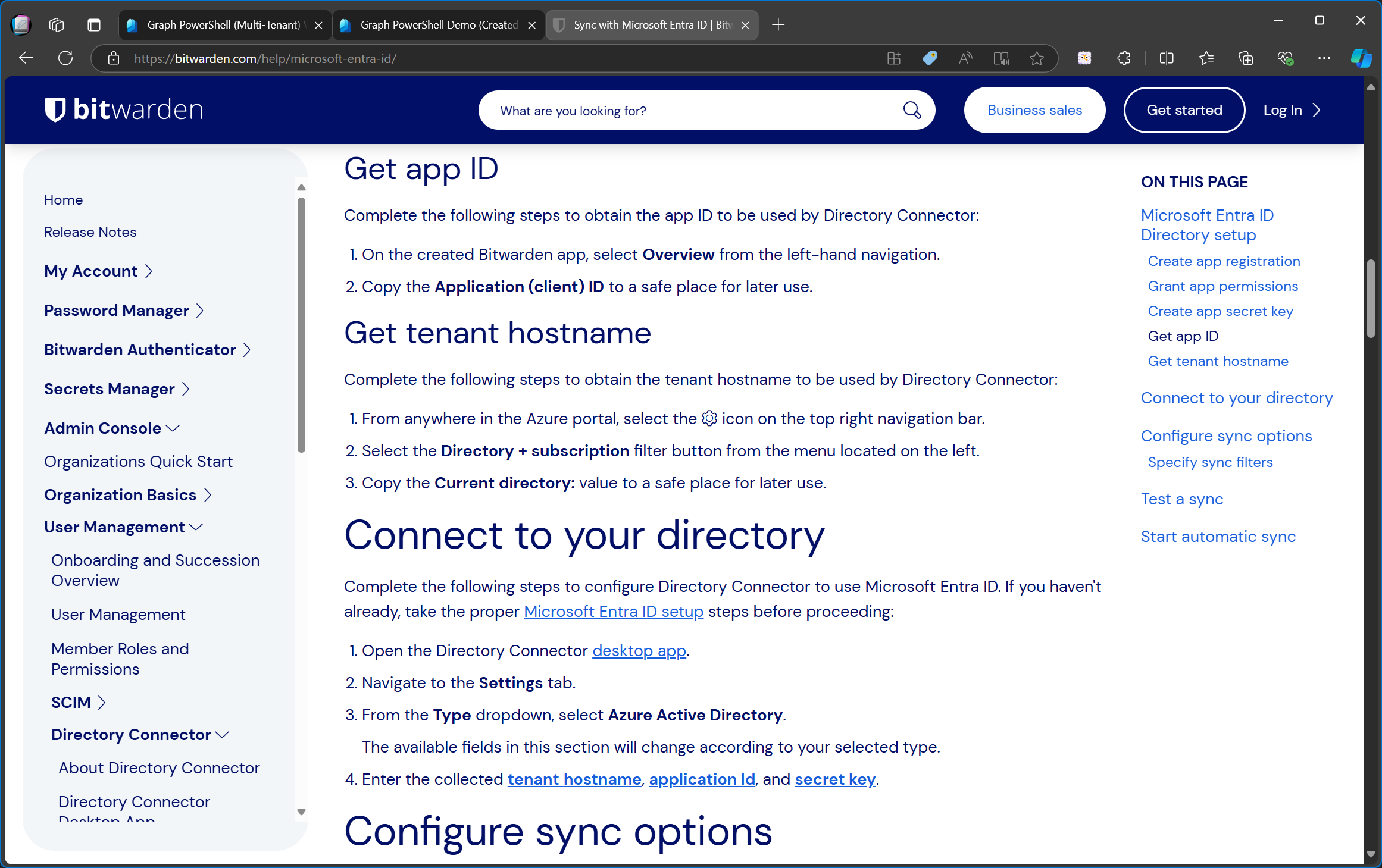 Bitwarden documentation on how to connect Directory Connector to your Entra app