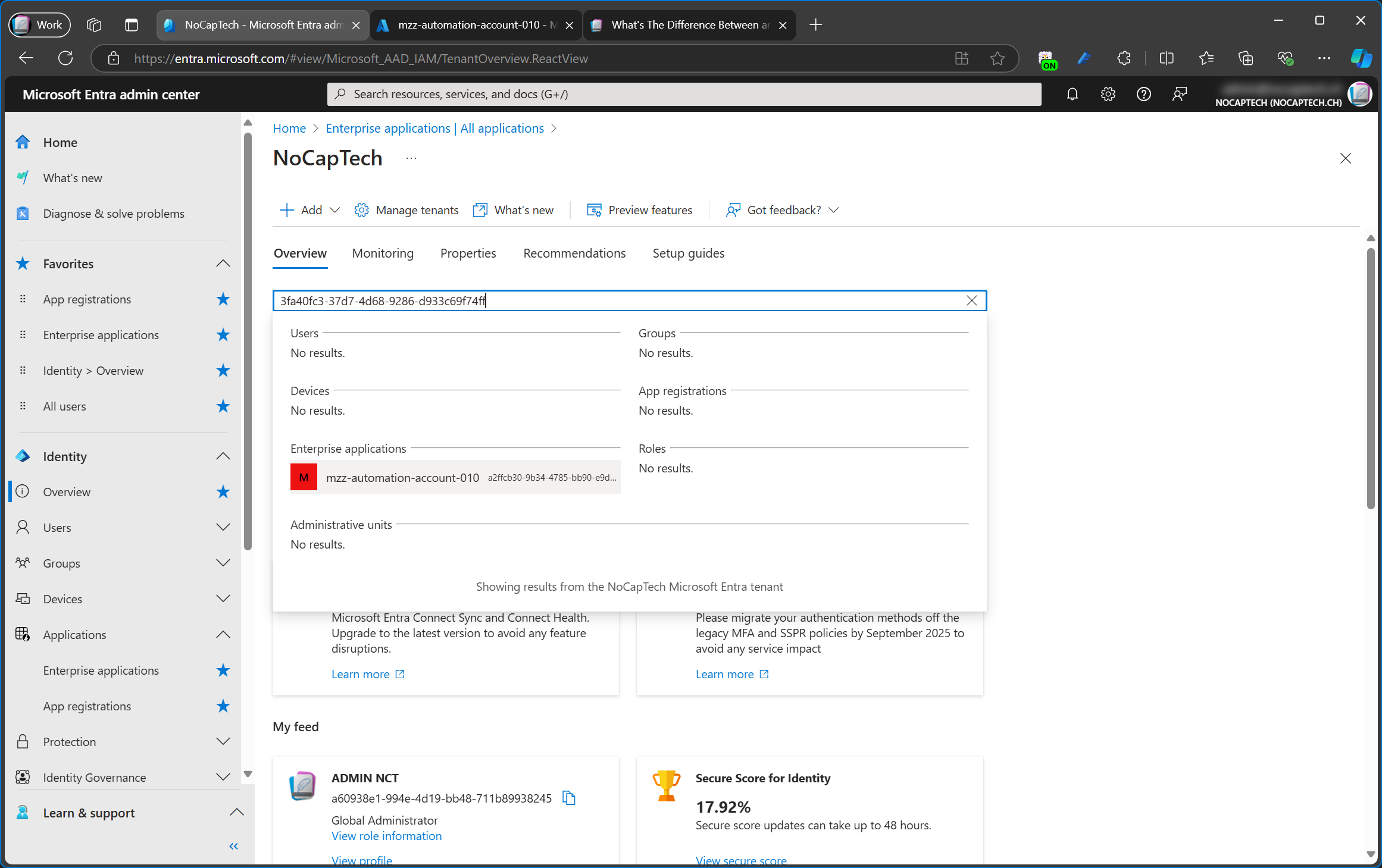 Entra Admin Center search results for managed identity object id