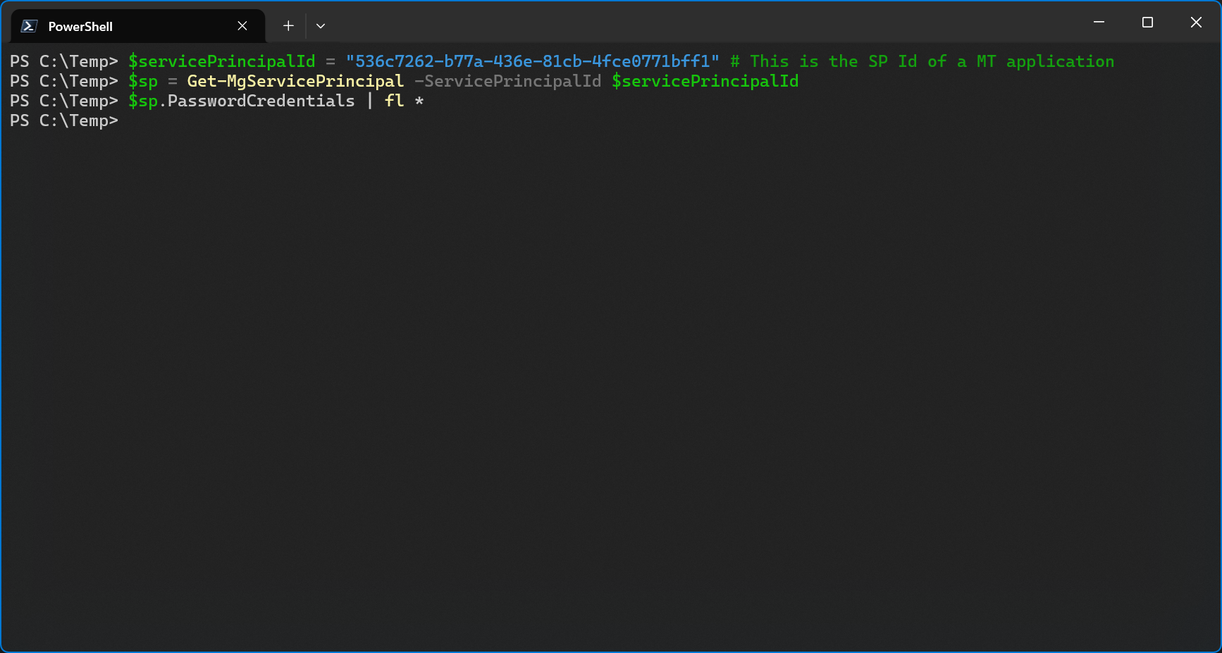 There is no secret on this service principal