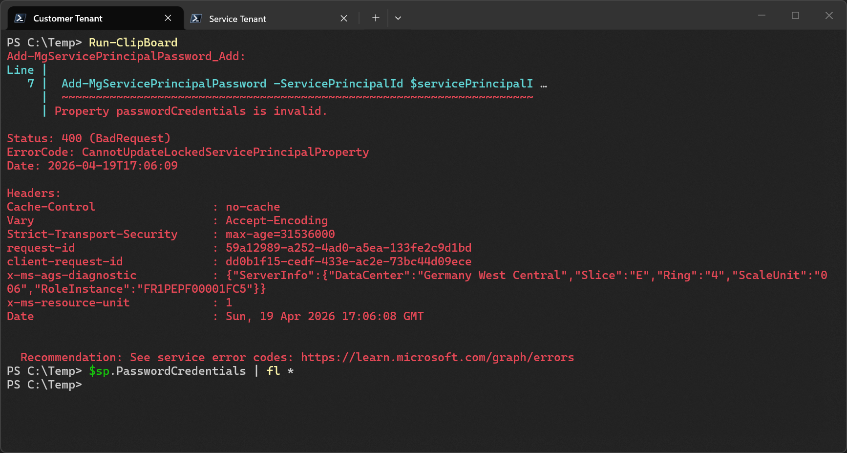 ErrorCode: CannotUpdateLockedServicePrincipalProperty