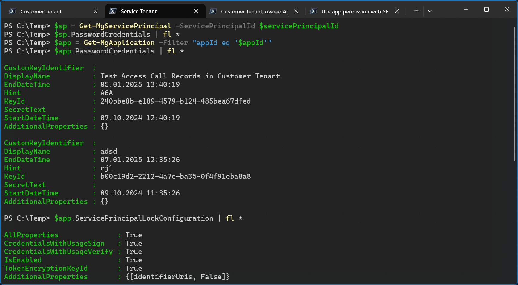 PowerShell output for application secrets and service principal lock configuration