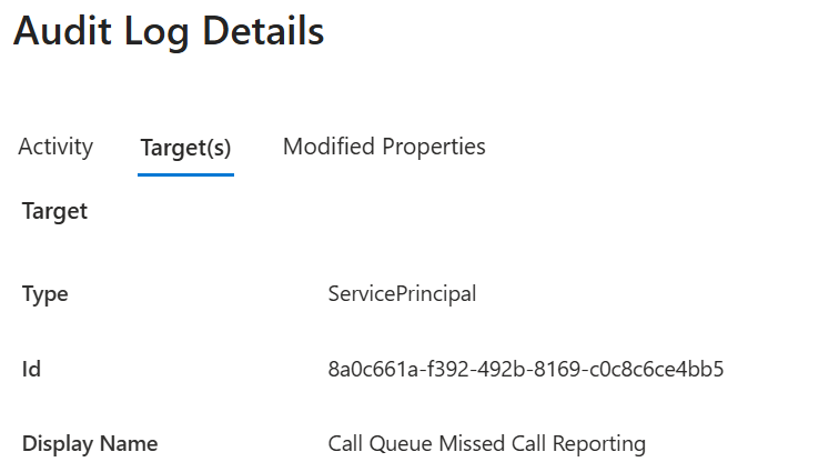Audit log example of details/target of password added to service principal