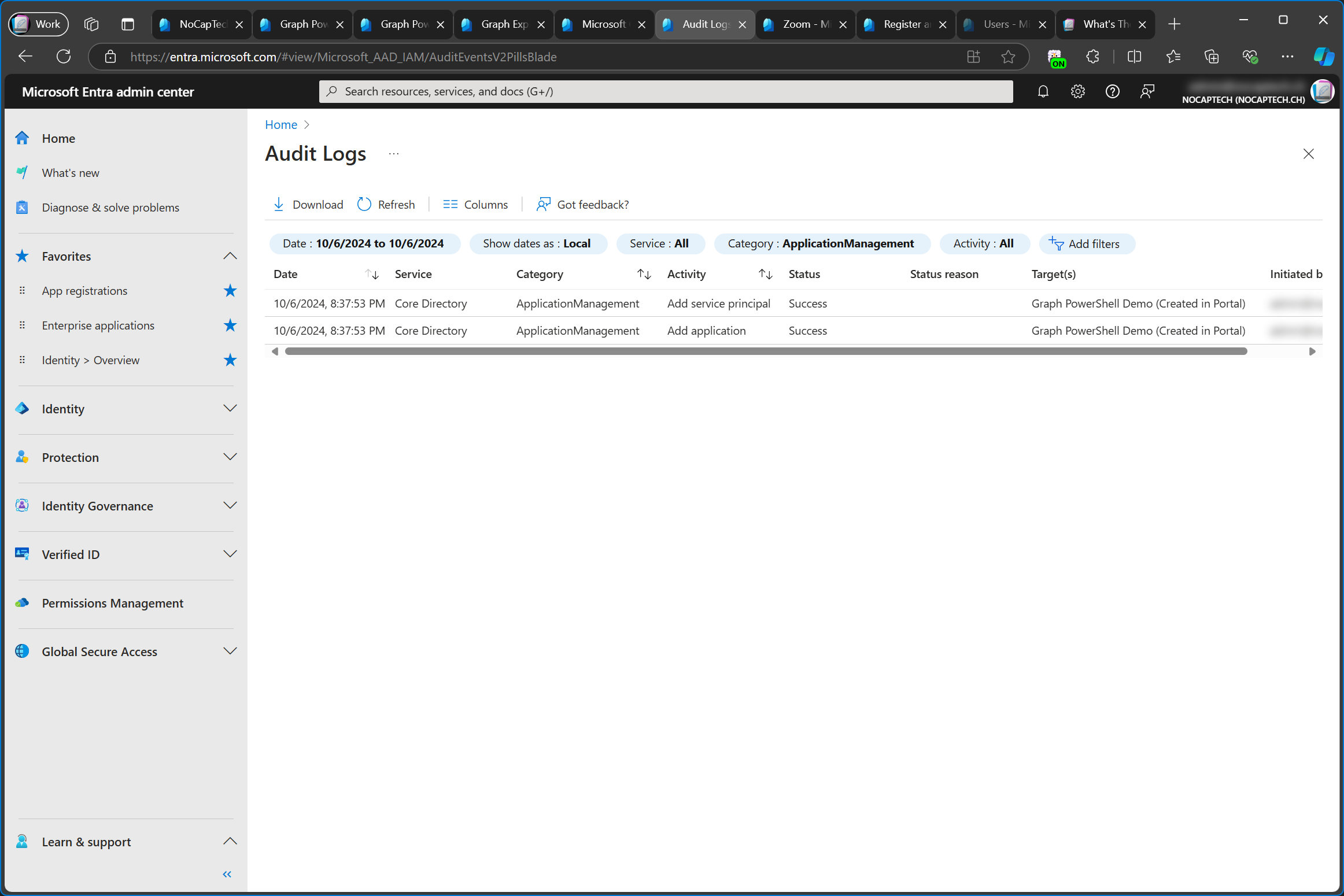 Audit log after creating a new app registration in the portal