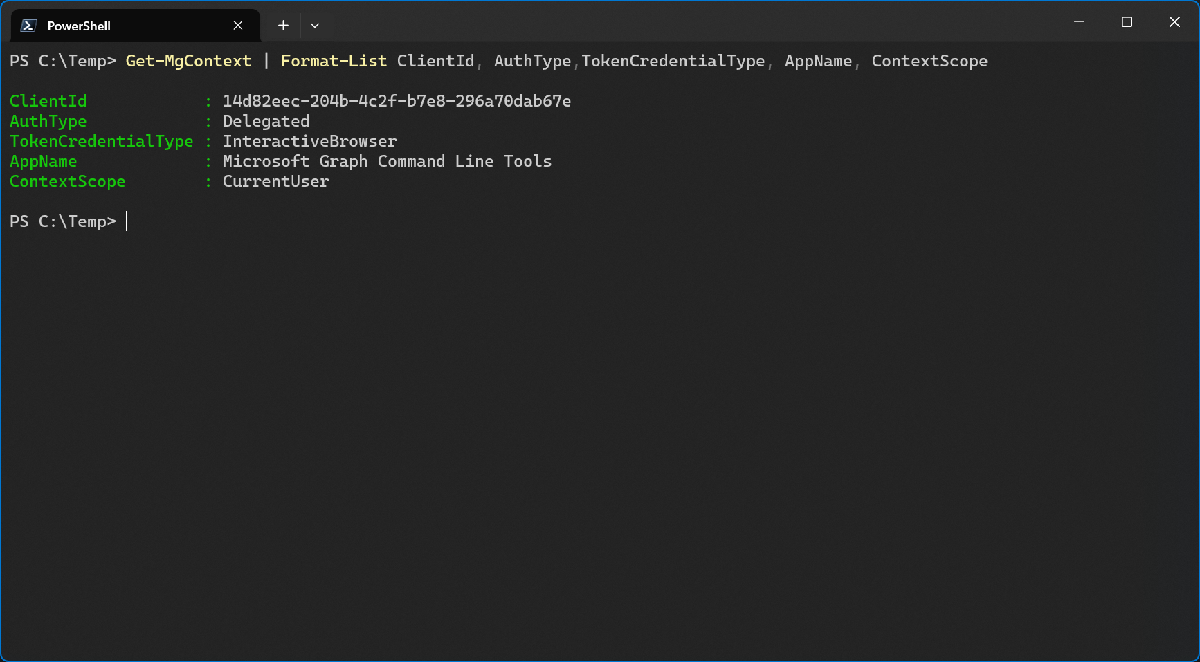 Partial output of Get-MgContext