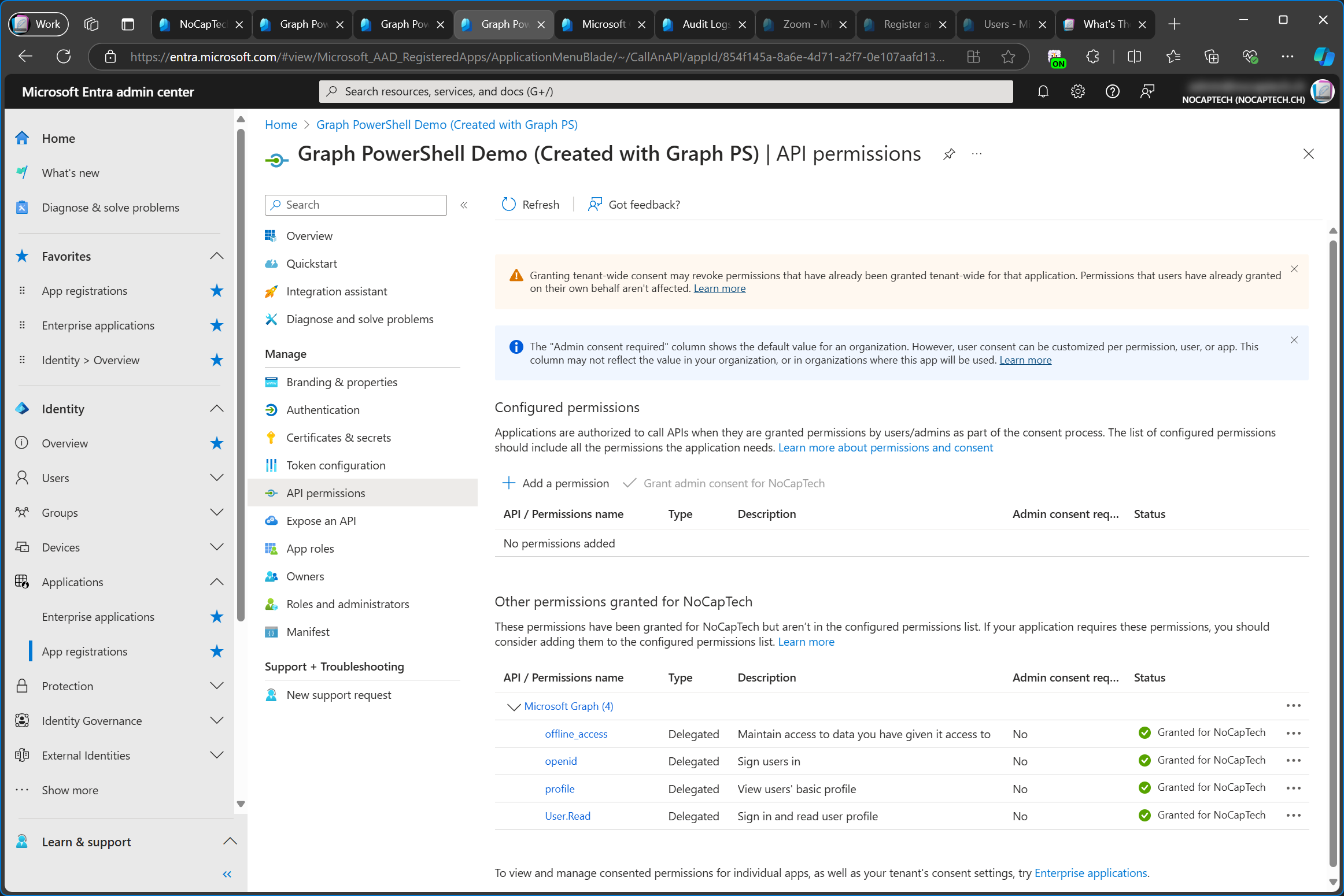 API permissions in an app registration