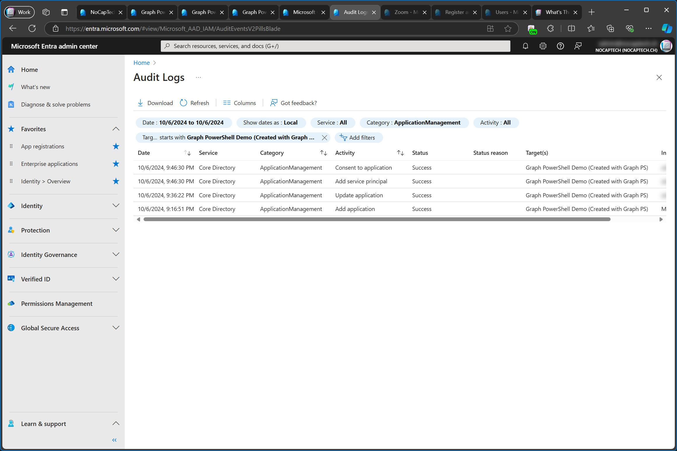 Audit log actions after signing into the app for the first time